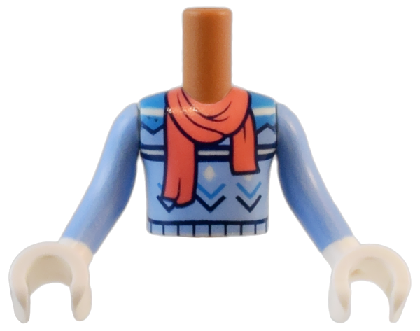 Torso Mini Doll Boy Bright Light Blue Sweater with White, Dark Azure and Dark Blue Stripes, Zigzag Lines and Diamonds with Coral Scarf Pattern, Bright Light Blue Arms / Sleeves with White Hands / Gloves