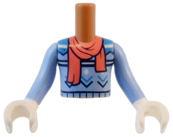 Torso Mini Doll Boy Bright Light Blue Sweater with White, Dark Azure and Dark Blue Stripes, Zigzag Lines and Diamonds with Coral Scarf Pattern, Bright Light Blue Arms / Sleeves with White Hands / Gloves