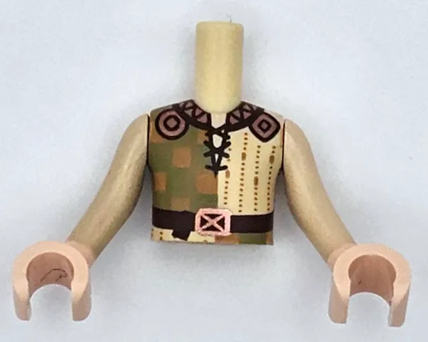 Torso Mini Doll Boy Tan and Olive Green Tunic with Medium Nougat Squares, Dark Brown Belt with Copper Buckle, Ornate Collar Pattern, Light Nougat Arms and Hands with Tan Long Sleeves