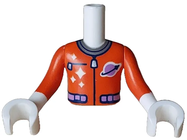 Torso Mini Doll Boy Spacesuit with Silver Collar, Zippers, Medium Lavender Classic Space Logo and Belt Pattern, White Arms with Hands with Reddish Orange Long Sleeves