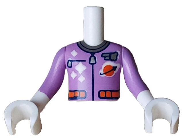 Torso Mini Doll Boy Spacesuit with Silver Collar, Zippers, Reddish Orange Classic Space Logo and Belt Pattern, White Arms with Hands with Medium Lavender Long Sleeves