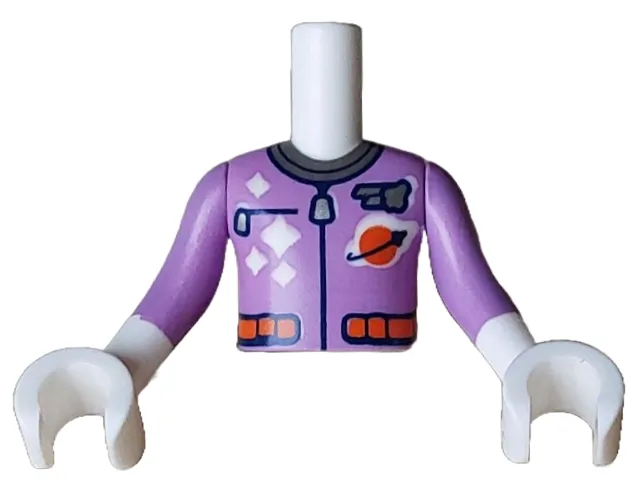 Torso Mini Doll Boy Spacesuit with Silver Collar, Zippers, Reddish Orange Classic Space Logo and Belt Pattern, White Arms with Hands with Medium Lavender Long Sleeves