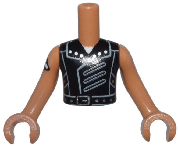 Torso Mini Doll Boy Black Vest, Light Bluish Gray Collar and Panels, Silver Buckle and Studs, White Neck Pattern, Medium Nougat Arms with Hands with Red Heart Tattoo Pattern