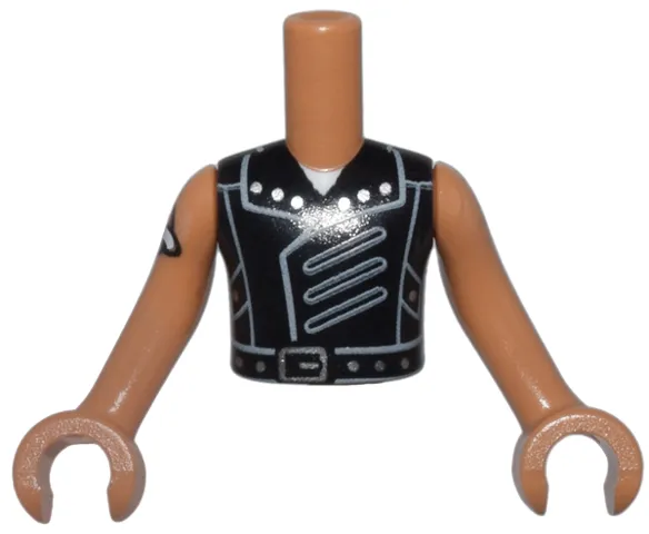 Torso Mini Doll Boy Black Vest, Light Bluish Gray Collar and Panels, Silver Buckle and Studs, White Neck Pattern, Medium Nougat Arms with Hands with Red Heart Tattoo Pattern