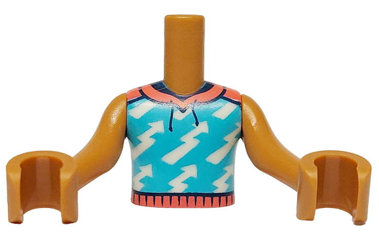 Torso Mini Doll Boy Medium Azure Hoodie Vest with White Lightning Bolts, Coral Hems and Hood, Dark Blue Drawstrings Pattern, Medium Nougat Arms with Hands
