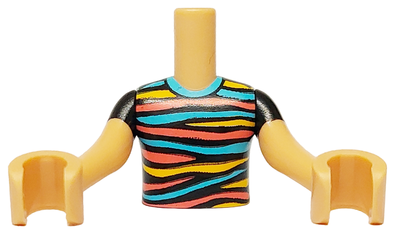 Torso Mini Doll Boy Black Shirt with Bright Light Orange, Coral and Medium Azure Stripes Pattern, Medium Tan Arms with Hands with Black Short Sleeves