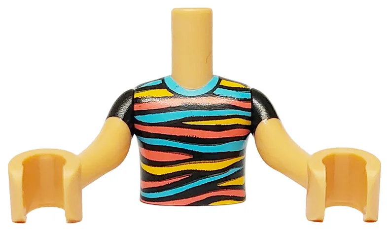 Torso Mini Doll Boy Black Shirt with Bright Light Orange, Coral and Medium Azure Stripes Pattern, Medium Tan Arms with Hands with Black Short Sleeves