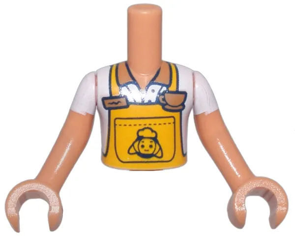 Torso Mini Doll Boy Bright Light Orange Apron over White Shirt, Medium Nougat Coffee Cup, Croissant on Back Pattern, Nougat Arms with Hands with White Short Sleeves