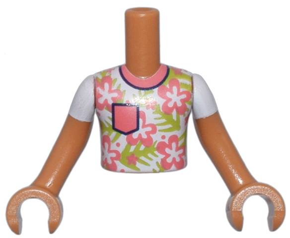 Torso Mini Doll Boy White Shirt with Coral Flowers and Pocket and Lime Leaves Pattern, Medium Nougat Arms with Hands with White Short Sleeves