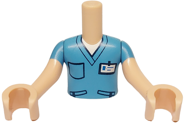 Torso Mini Doll Boy Medium Blue Scrubs Top with Dark Blue Pockets and White ID Badge Pattern, Light Nougat Arms with Hands with Medium Blue Short Sleeves