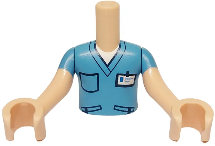 Torso Mini Doll Boy Medium Blue Scrubs Top with Dark Blue Pockets and White ID Badge Pattern, Light Nougat Arms with Hands with Medium Blue Short Sleeves
