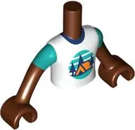 Torso Mini Doll Boy White T-Shirt with Orange Tent, Dark Blue Trees, Dark Turquoise Sky and Ground Pattern, Reddish Brown Arms with Hands with Dark Turquoise Short Sleeves