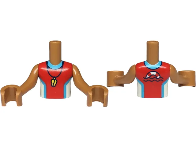 Torso Mini Doll Boy Red and White Sleeveless Wetsuit with Medium Azure Trim, Yellow Whistle, Life Preserver on Back Pattern, Medium Nougat Arms with Hands
