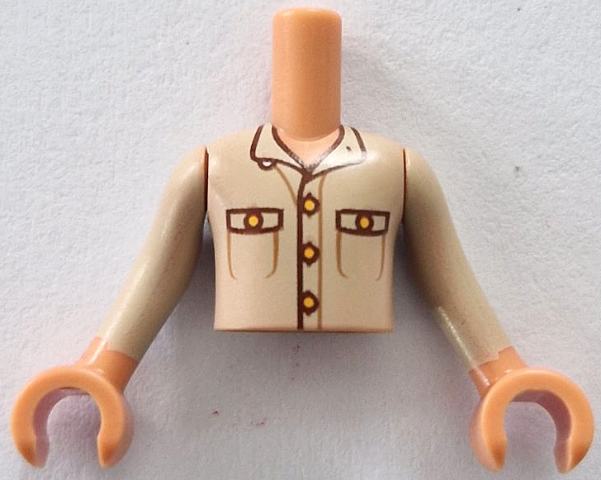 Torso Mini Doll Boy Tan Shirt with Collar, Dark Brown and Dark Tan Pockets, Yellow Buttons Pattern, Nougat Arms with Hands with Tan Long Sleeves