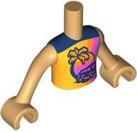 Torso Mini Doll Boy Bright Light Orange Sleeveless Shirt with Dark Blue Shoulders, Palm Tree, Van and Sunset Pattern, Medium Tan Arms with Hands