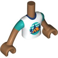 Torso Mini Doll Boy White T-Shirt with Orange Tent, Dark Blue Trees, Dark Turquoise Sky and Ground Pattern, Medium Nougat Arms with Hands with Dark Turquoise Short Sleeves
