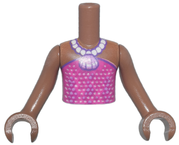 Torso Mini Doll Boy Magenta Strapless Dress Top with Dots, White Pearl Necklace with Medium Lavender Shell Pendant Pattern, Medium Brown Arms with Hands