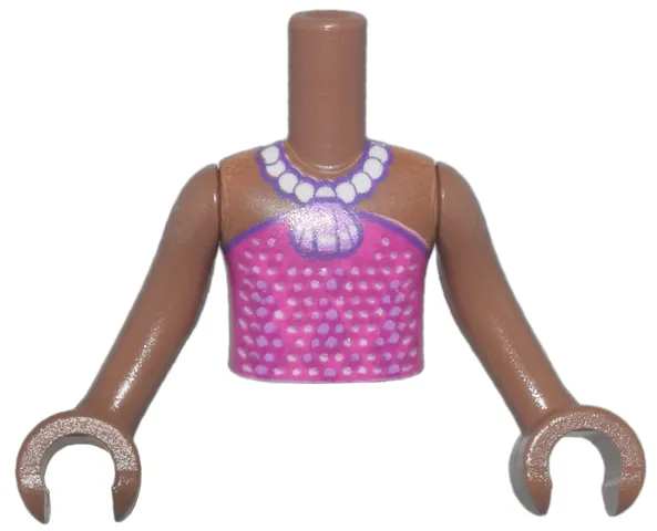 Torso Mini Doll Boy Magenta Strapless Dress Top with Dots, White Pearl Necklace with Medium Lavender Shell Pendant Pattern, Medium Brown Arms with Hands