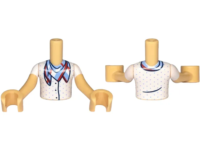 Torso Mini Doll Boy White Shirt with Polka Dots and Three Dark Blue Buttons, and Red, White and Bright Light Blue Bandana Pattern, Medium Tan Arms with Hands with White Short Sleeves