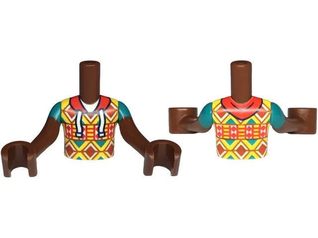 Torso Mini Doll Boy Yellow Hoodie with Red, White, Dark Orange and Dark Turquoise Geometric Shapes, Red Hood with Strings Pattern, Reddish Brown Arms with Hands with Dark Turquoise Short Sleeves