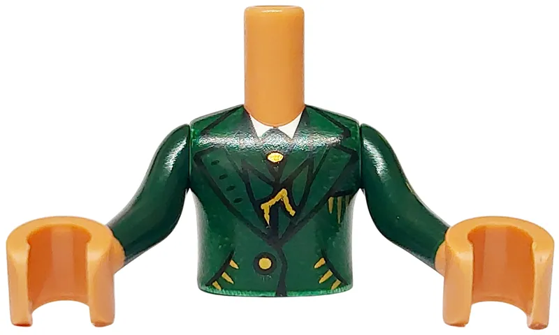 Torso Mini Doll Boy Suit Jacket and Waistcoat over White Shirt, Gold Chain and Buttons Pattern, Nougat Arms with Hands with Dark Green Long Sleeves
