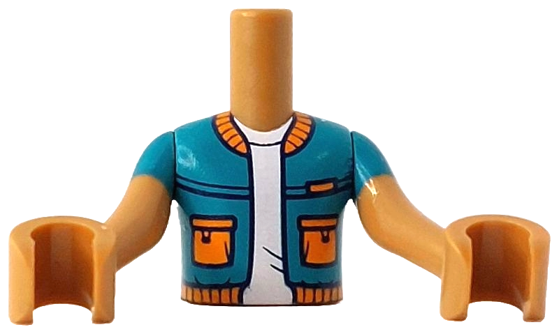 Torso Mini Doll Boy Dark Turquoise Jacket Open with Orange Pockets, Collar and Hem over White T-Shirt Pattern, Medium Nougat Arms with Hands with Dark Turquoise Short Sleeves