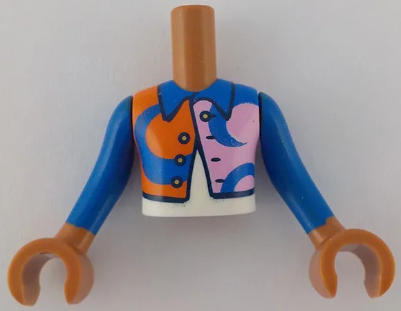 Torso Mini Doll Boy Bright Pink and Reddish Orange Jacket with Blue Shapes and Collar over White Shirt Pattern, Sienna Arms with Hands with Blue Long Sleeves