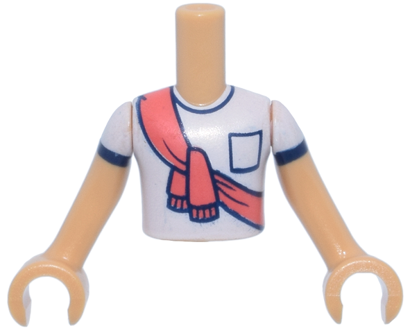 Torso Mini Doll Boy White T-Shirt with Black Pocket and Trim and Coral Scarf Pattern, Medium Tan Arms with Hands with White Short Sleeves and Black Trim