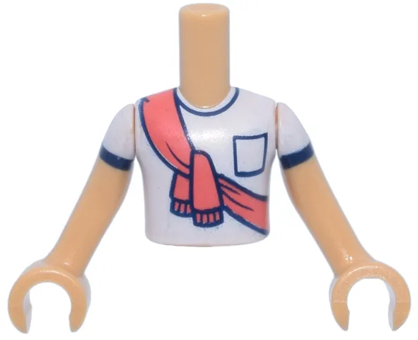 Torso Mini Doll Boy White T-Shirt with Black Pocket and Trim and Coral Scarf Pattern, Medium Tan Arms with Hands with White Short Sleeves and Black Trim