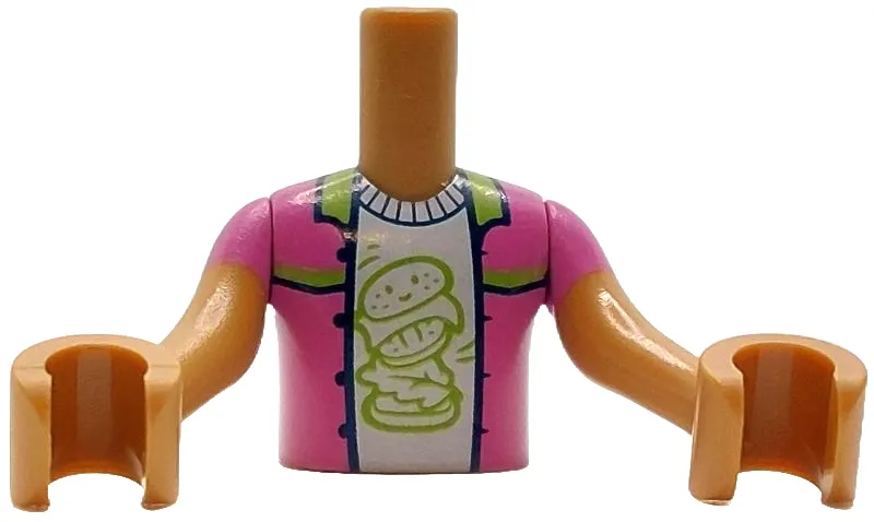 Torso Mini Doll Boy Dark Pink Jacket Open with Lime Collar and Trim over White Shirt with Hamburger with Face Pattern, Medium Nougat Arms with Hands with Dark Pink Short Sleeves