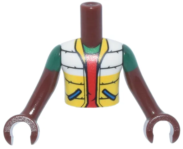 Torso Mini Doll Boy White Jacket with Blue Pockets, Yellow Bottom and Collar over Red Shirt, 'POW! in Star on Back Pattern, Reddish Brown Arms with Hands with Green Short Sleeves