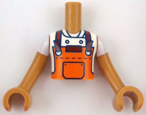 Torso Mini Doll Boy Reddish Orange Apron with Black Pocket and Dark Red Straps over White Chef Jacket Pattern, Medium Nougat Arms with Hands with White Short Sleeves