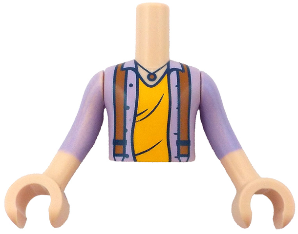 Torso Mini Doll Boy Lavender Shirt Open with Dark Blue Buttons over Orange Undershirt, Dark Orange Suspenders and Necklace Pattern, Light Nougat Arms with Hands with Lavender Long Sleeves