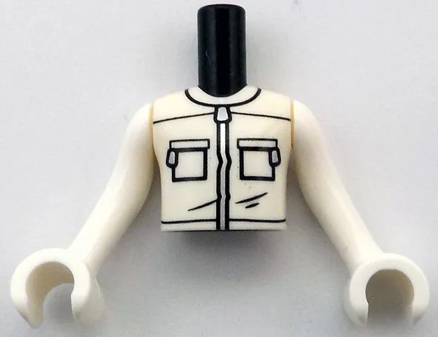 Torso Mini Doll Boy White Jacket with Black Pockets, Seams and Folds and Silver Zippers Pattern, White Arms with Hands