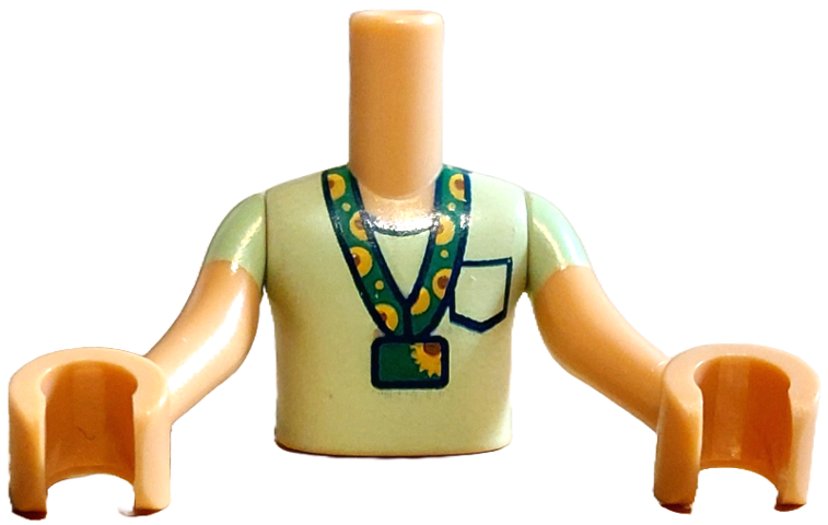 Torso Mini Doll Boy Yellowish Green T-Shirt with Black Pocket and Trim and Green, Reddish Brown and Yellow  Sunflower Lanyard Pattern, Medium Tan Arms with Hands with Yellowish Green Short Sleeves