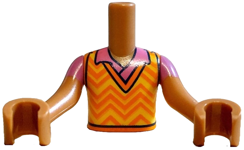 Torso Mini Doll Boy Yellow Vest with Bright Light Orange and Orange Zigzag Lines and Collar over Dark Pink Shirt Pattern, Medium Nougat Arms with Hands with Dark Pink Short Sleeves