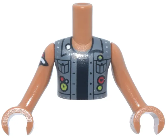 Torso Mini Doll Boy Dark Bluish Gray Vest, Black Buttons, Collar, Pockets and Shirt, Silver Studs, Red and Lime Circles with Heart and Lightning, '#1Dad' in Squares on Back Pattern, Medium Nougat Arms with Hands with Red Heart Tattoo