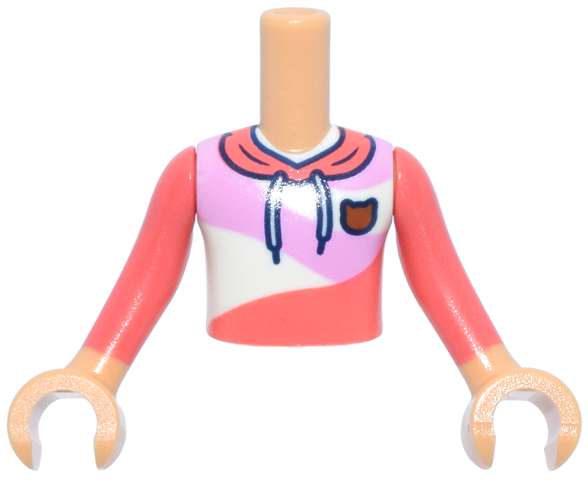 Torso Mini Doll Boy Coral Hoodie, Bright Pink and White Panels, Dark Orange Cat Head Badge Pattern, Medium Tan Arms with Hands with Coral Long Sleeves