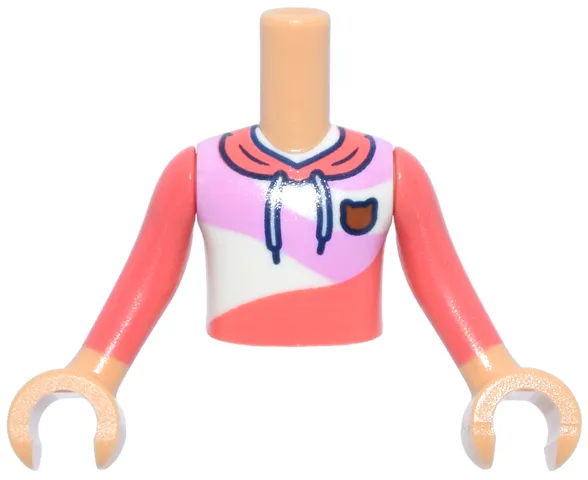 Torso Mini Doll Boy Coral Hoodie, Bright Pink and White Panels, Dark Orange Cat Head Badge Pattern, Medium Tan Arms with Hands with Coral Long Sleeves