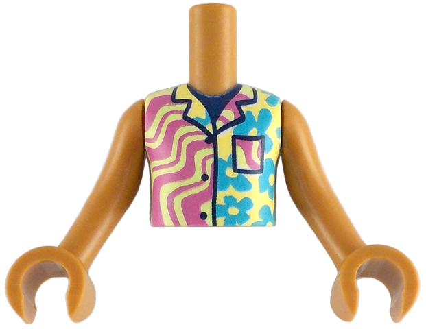 Torso Mini Doll Boy Yellowish Green Sleeveless Shirt with Dark Azure Flowers and Dark Pink Wavy Stripes Pattern, Medium Nougat Arms with Hands