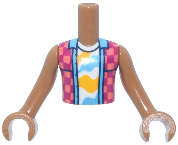Torso Mini Doll Boy Coral and Magenta Checkered Sleeveless Shirt Open over White Undershirt with Bright Light Orange and Medium Azure Shapes Pattern, Medium Nougat Arms with Hands
