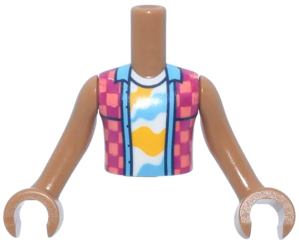 Torso Mini Doll Boy Coral and Magenta Checkered Sleeveless Shirt Open over White Undershirt with Bright Light Orange and Medium Azure Shapes Pattern, Medium Nougat Arms with Hands