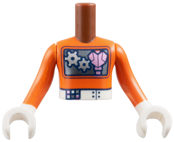 Torso Mini Doll Boy Reddish Orange Robot Costume, Dark Silver Box with Silver Gears and Metallic Pink Heart, White Belt Pattern, Reddish Orange Arms / Sleeves with White Hands / Gloves