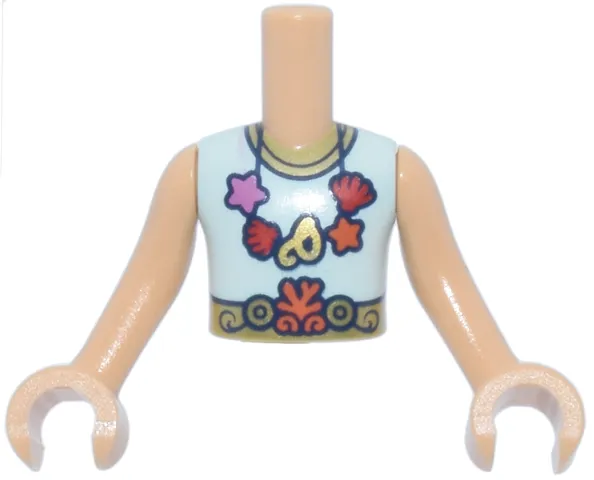Torso Mini Doll Boy Light Aqua Sleeveless Shirt, Gold Belt and Collar, Reddish Orange, Red and Dark Pink Necklace Pattern, Medium Tan Arms with Hands