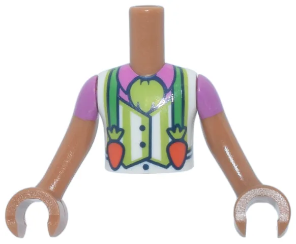 Torso Mini Doll Boy Lime and White Striped Vest over Dark Pink Shirt, Bright Green Suspenders with Carrot Clasps Pattern, Medium Nougat Arms with Hands with Dark Pink Short Sleeves