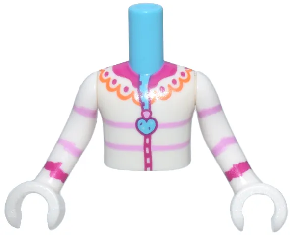 Torso Mini Doll Boy White Jacket with Zipper, Heart Shaped Zipper Pull, Bright Pink Stripes, Orange and Magenta Collar Pattern, White Arms with Hands with Bright Pink and Magenta Stripes