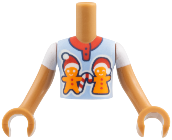 Torso Mini Doll Boy Bright Light Blue Shirt, Red Collar, Black Buttons, Orange Gingerbread Men with Santa Hats Pattern, Medium Nougat Arms with Hands with White Short Sleeves