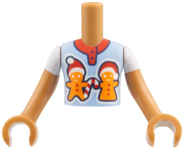 Torso Mini Doll Boy Bright Light Blue Shirt, Red Collar, Black Buttons, Orange Gingerbread Men with Santa Hats Pattern, Medium Nougat Arms with Hands with White Short Sleeves