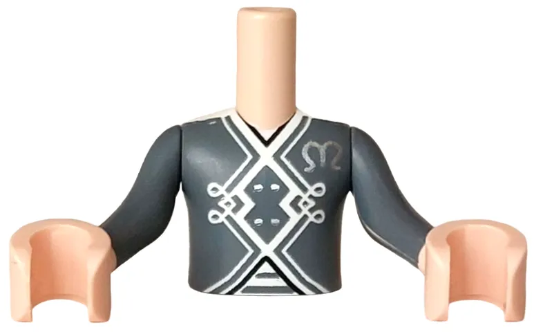 Torso Mini Doll Boy Dark Bluish Gray Jacket with White Shoulder Pads and Trim, Silver Buttons and Letter M Pattern, Light Nougat Arms with Hands with Dark Bluish Gray Long Sleeves