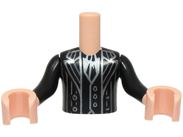 Torso Mini Doll Boy Black Suit Jacket, Vest and Tie, Dark Bluish Gray Pinstripes, Dark Silver Trim, White Shirt Pattern, Light Nougat Arms with Hands with Black Long Sleeves